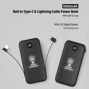 Portable ABS Power Bank With Light-up Logo, LCD Digital Display Built-in Type-C & Lightning Cables 10000mAh External Battery Pack