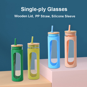 Glass Tumbler with Silicone Sleeve, Wood Grain Lid, and PP Straw, 20oz Leak-proof Glass Water Bottle BPA-Free Reusable Glass Cup