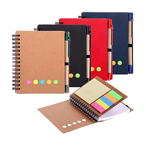 Spiral Notebook Kraft Paper Cover Notepad with Pen In Holder Sticky Notes and Page Marker Colored Index Tabs Steno Pocket Business