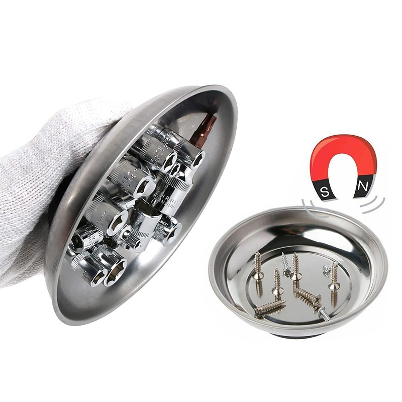 Round Magnetic Tool Tray Parts Holder 6 Inch Stainless Steel Construction with Soft Rubber Base