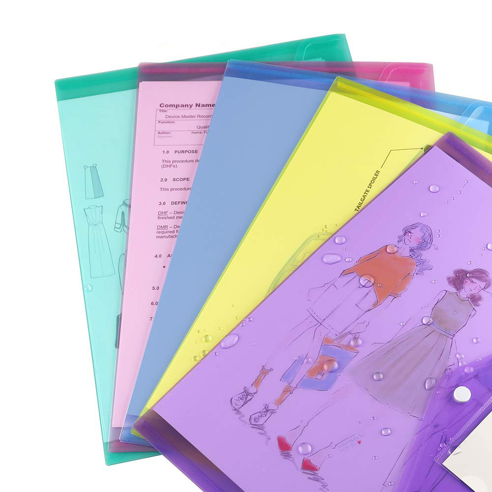 Plastic Clear Poly Filing Envelopes Document File Folders Letter A4 Size with Label and Pocket Paste Button for School Home Work