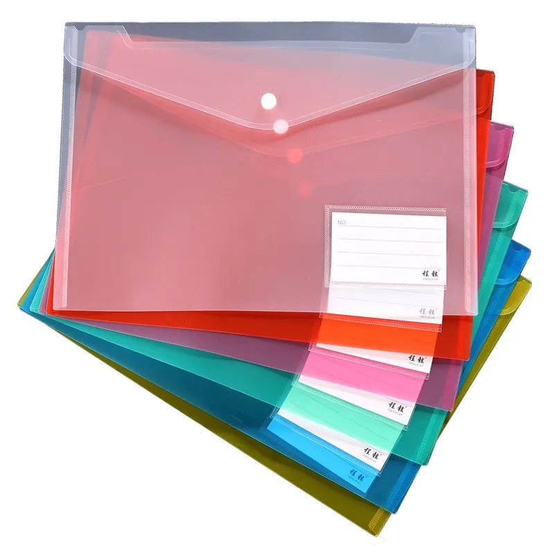  Plastic Clear Poly Filing Envelopes Document File Folders Letter A4 Size with Label and Pocket Paste Button for School Home Work Office Organization Assorted Color