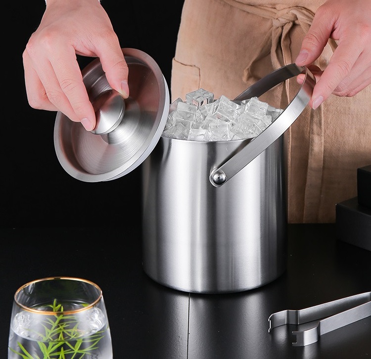 Double-Wall Stainless Steel Insulated Ice Bucket With Lid and Ice Included Strainer Keeps Ice Cold & Dry Carry leather Handle