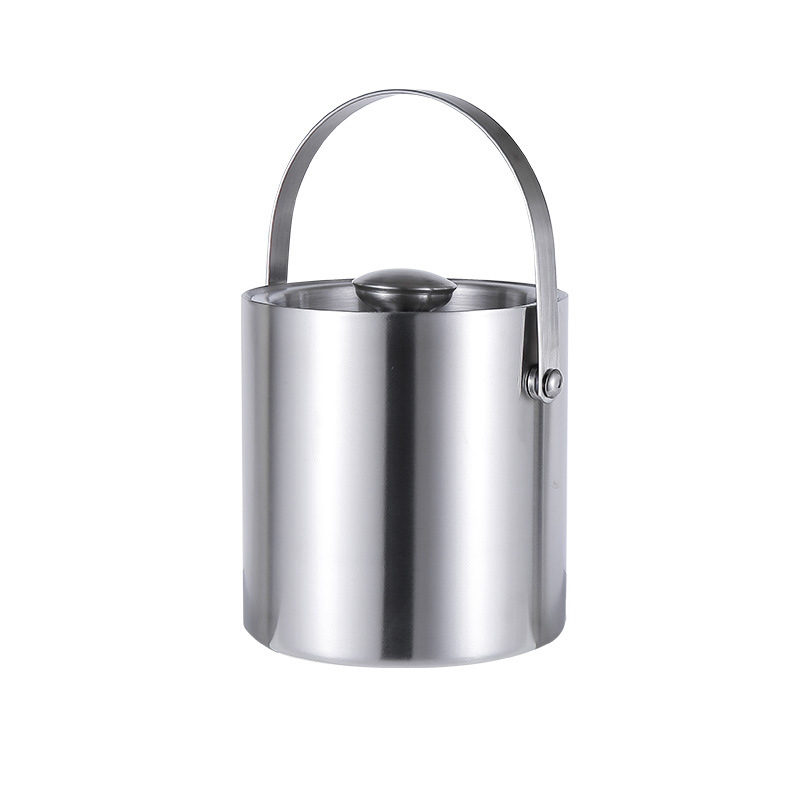 Double-Wall Stainless Steel Insulated Ice Bucket With Lid and Ice Included Strainer Keeps Ice Cold & Dry Carry leather Handle