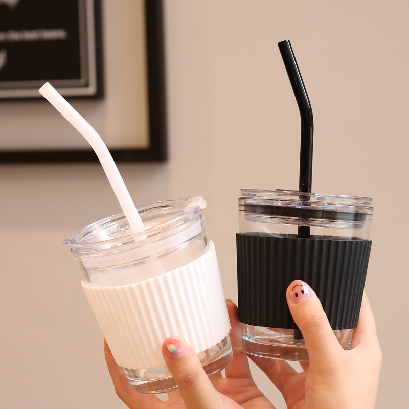 Glass Straw Cup Portable Milk Coffee Tumbler with Lid Silicone Sleeve Juice Water Bottle