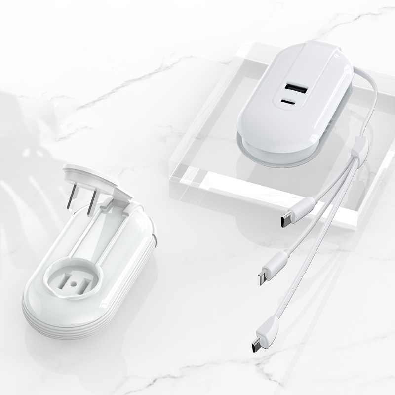 Multiport USB Power Adapter Wall Charger 2-Port Fast Charger Plug With Retractable 3-in-1 Charging Cable
