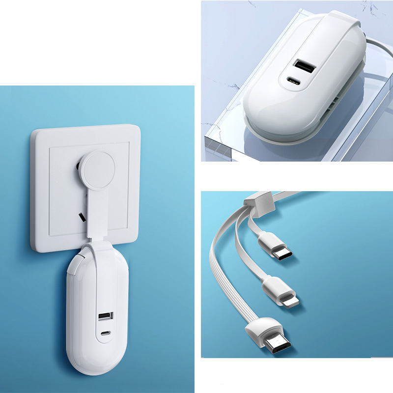 Multiport USB Power Adapter Wall Charger 2-Port Fast Charger Plug With Retractable 3-in-1 Charging Cable