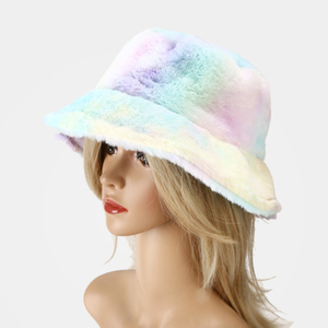 Women Girls Tie Dye Faux Fur Warm Bucket Hat Fuzzy Rainbow Winter Fisherman Cap