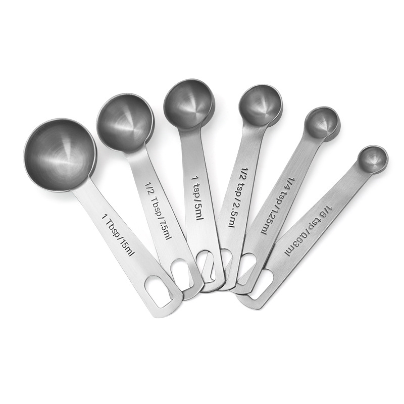 Heavy Duty Stainless Steel Metal Measuring Spoons for Dry or Liquid Fits in Spice Jar Set of 6 with bonus Leveler