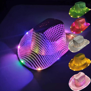 Sequin Cowboy Hat LED Light Up Cowgirl Hat Flashing Blinky Lights Fun Rodeo Party Hats Costume Accessories for Party Costumes