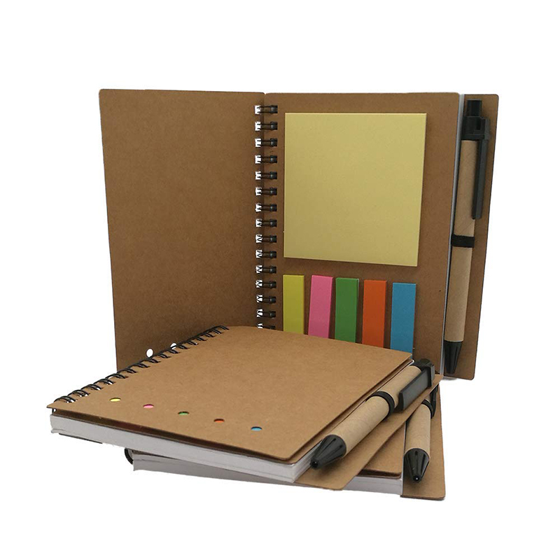 Spiral Notebook Kraft Paper Cover Notepad with Pen In Holder Sticky Notes and Page Marker Colored Index Tabs Steno Pocket Business