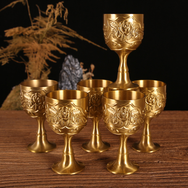Bronze Chalice Wine Goblet Vintage Mini Wine Glasses Embossed Copper Cup Wine Chalice with Flower Pattern