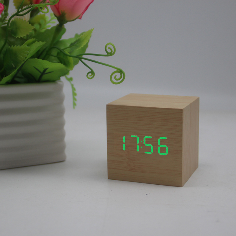 Digital Alarm Clock Wooden Electronic LED Time Display Cubic Small Mini Wood Made Electric Clocks for Bedroom Bedside Desk